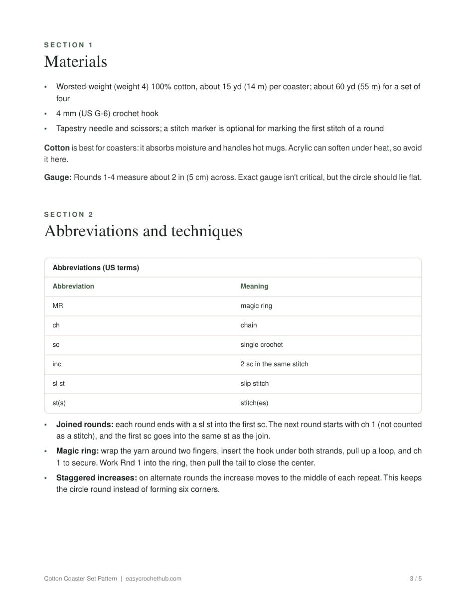 Page 3 of the Cotton Coaster Set Pattern PDF: Materials, Abbreviations and techniques