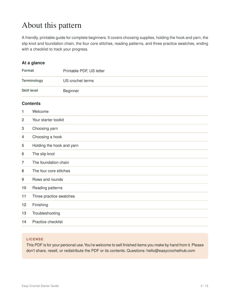 Page 2 of the Easy Crochet Starter Guide PDF: About & contents