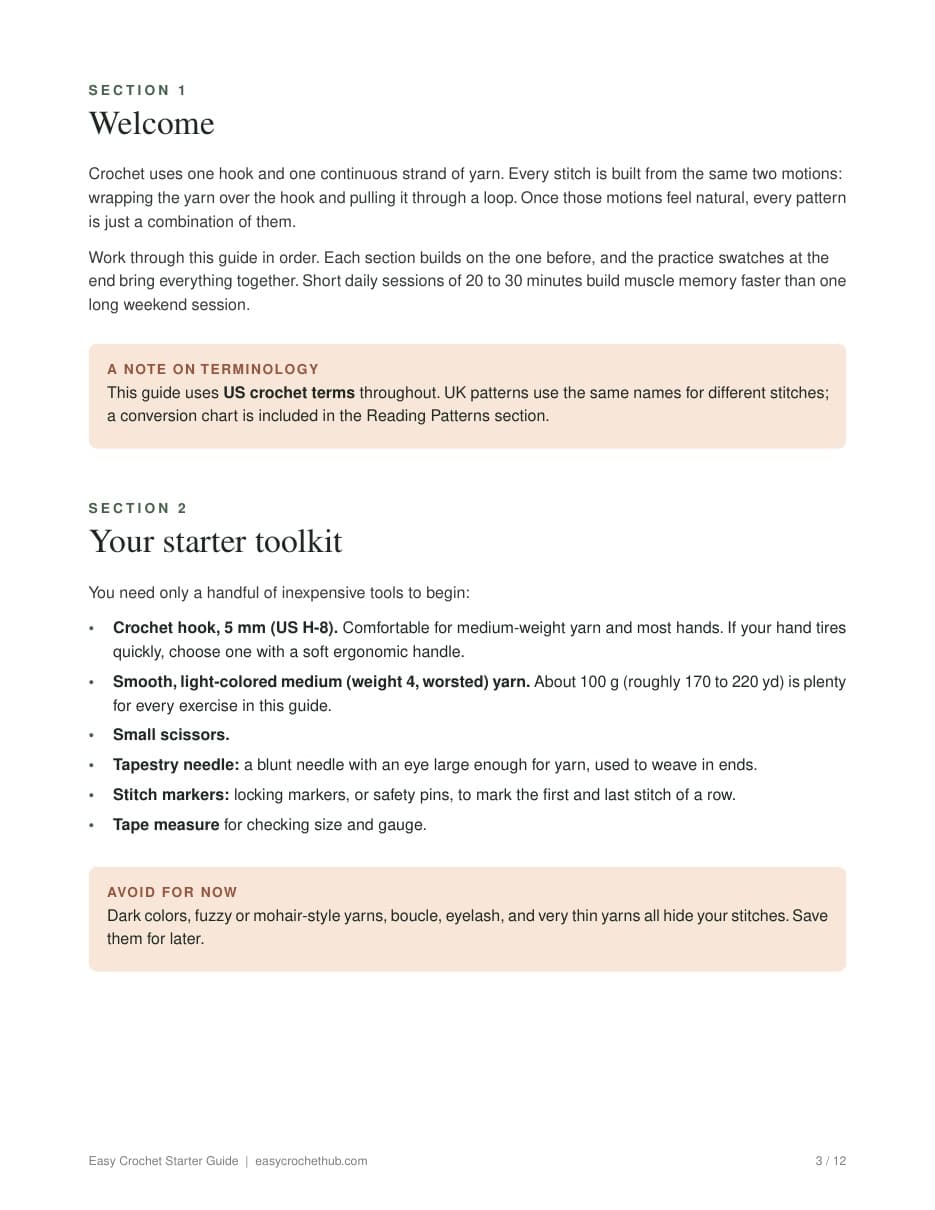 Page 3 of the Easy Crochet Starter Guide PDF: Welcome, Your starter toolkit