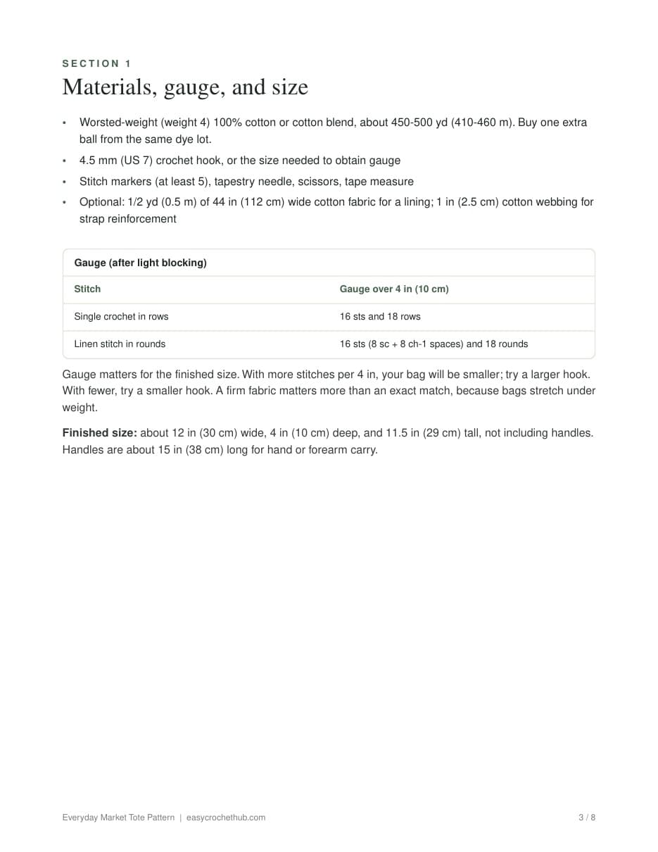 Page 3 of the Everyday Market Tote Pattern PDF: Materials, gauge, and size