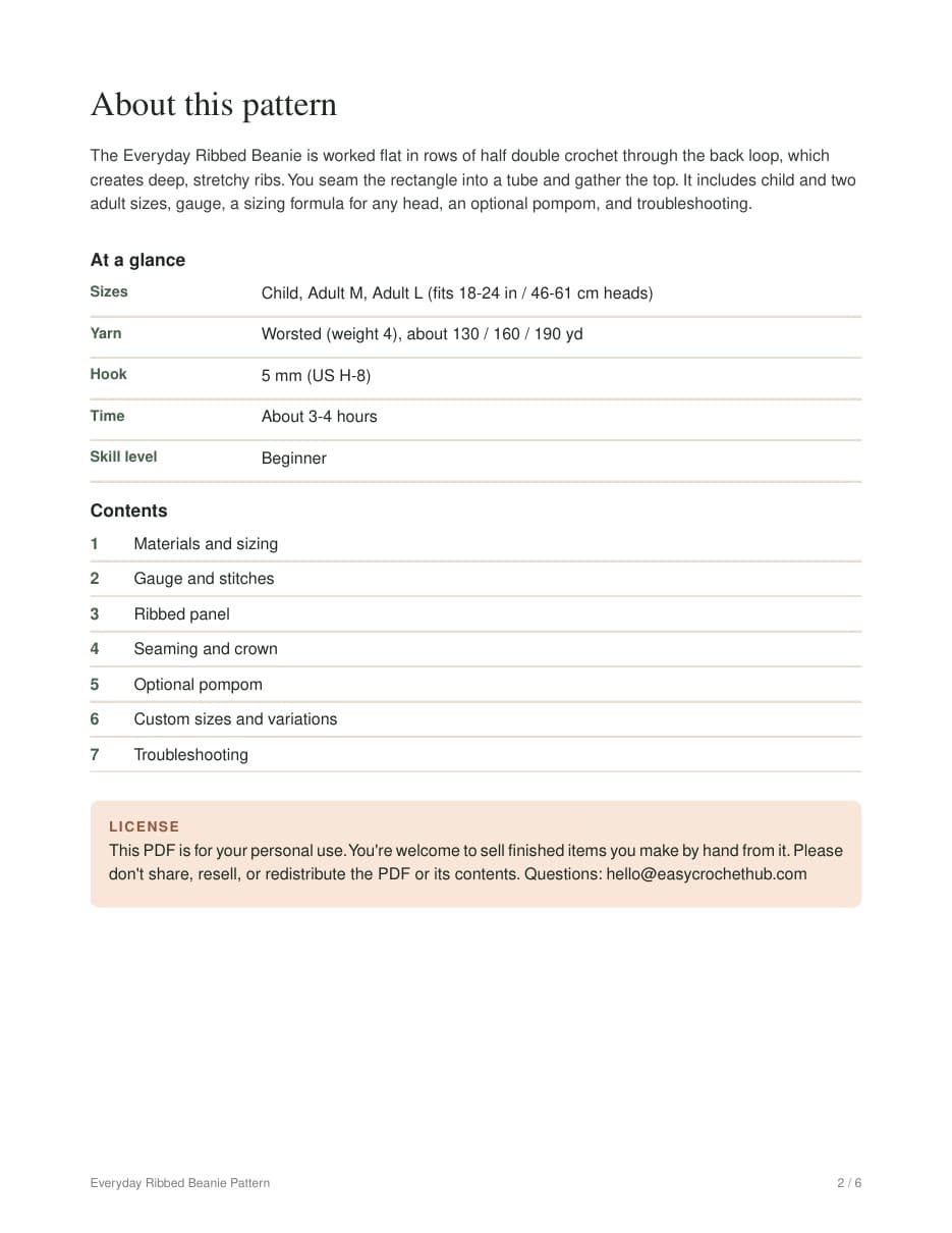 Page 2 of the Everyday Ribbed Beanie Pattern PDF: About & contents